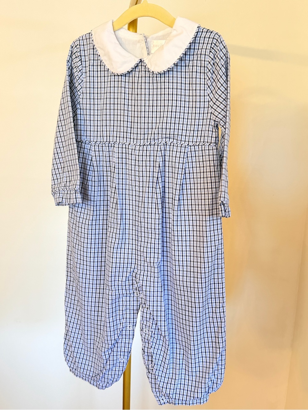 Cecil and Lou Boys Blue and White Check Peter Pan Collar Romper 2T